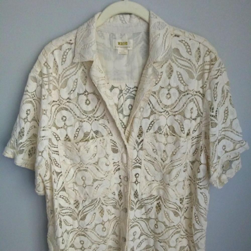 ANTHROPOLOGIE MAEVE IVORY LACE BUTTON FRONT SHORT SLEEVE TOP SIZE XL
